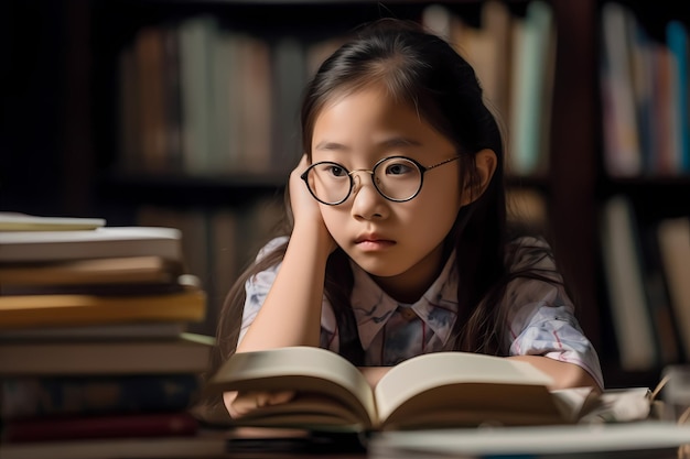 열심히 공부하는 아시아 소녀는 결심을 가지고 책에 눈을 집중했습니다. 학교로 돌아가기