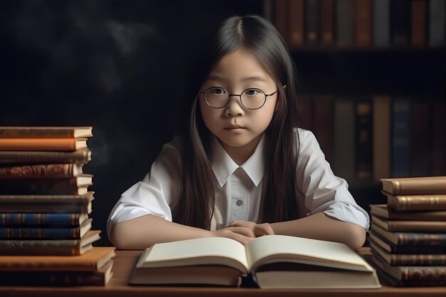 사진 열심히 공부하는 아시아 소녀는 결심을 가지고 책에 눈을 집중했습니다. 학교로 돌아가기