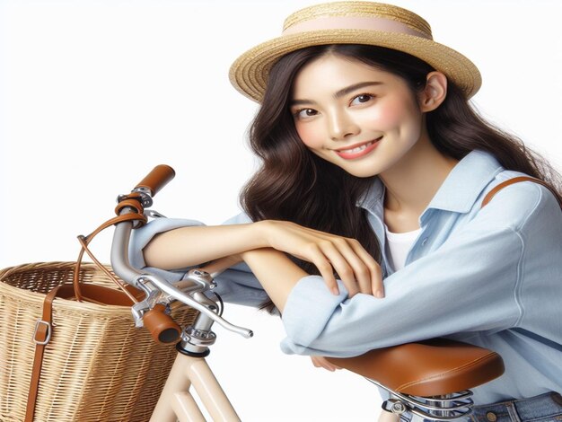 Asian girl takes a photo with a bicycle