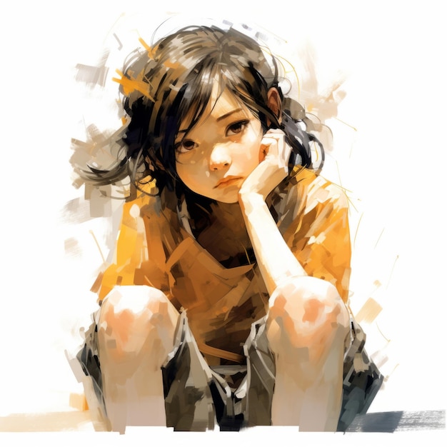 Азиатская девушка в раздумьях и сомнениях, нарисованная маслом иллюстрация Персонаж молодой женщины с мечтательным лицом на абстрактном фоне Ай создал яркий нарисованный красочный акриловый плакат