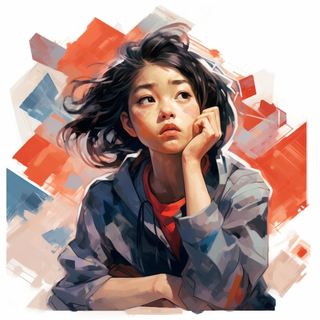 생각과 의심의 아시아 소녀 오일 그린 그림 추상적 인 배경에 꿈꾸는 얼굴을 가진 젊은 여성 캐릭터 Ai는 밝은 그려진 다채로운 아크릴 포스터를 생성했습니다.