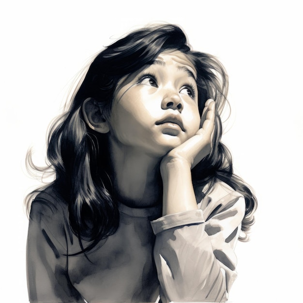 생각하고 의심하는 아시아 소녀 추상적 인 배경에 꿈꾸는 얼굴을 가진 젊은 여성 캐릭터 Ai는 단색 포스터를 생성했습니다.