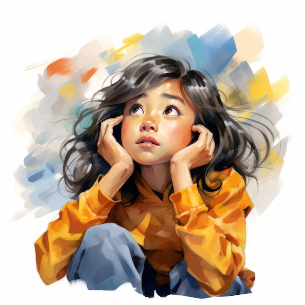 Asian girl in thinking and doubts watercolor illustration Young woman character with dreamy face on abstract background Ai generated bright drawn colorful poster