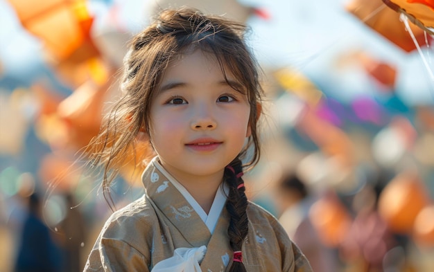 전통적인 한국 의상을 입은 아시아 소녀가 미소 짓고 카메라를 쳐다보고 있습니다.