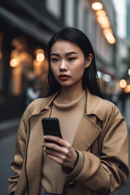 アジアの女の子は、都市の生成 AI で携帯電話を保持しているスマートフォンの若い女性を使用します