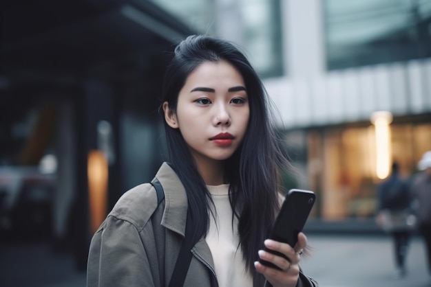 アジアの女の子は、路上で携帯電話を保持しているスマートフォンの若い女性を使用して生成 AI