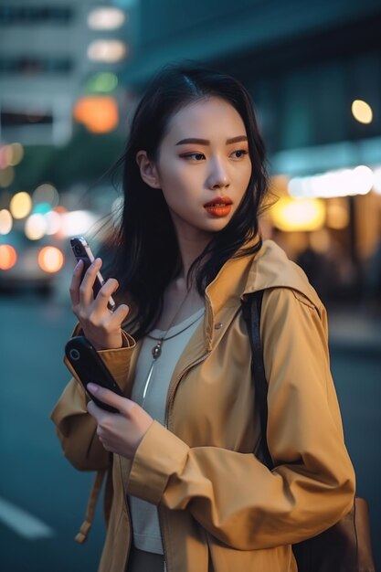 Asian girl uses smartphone young woman holding two mobile phones in city generative AI