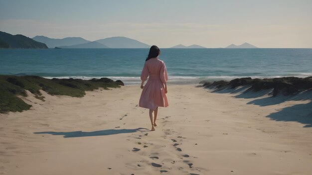 Photo asian girl walking on the beach background very cool