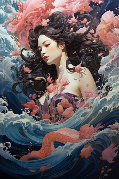 Asian girl and waves japonese style