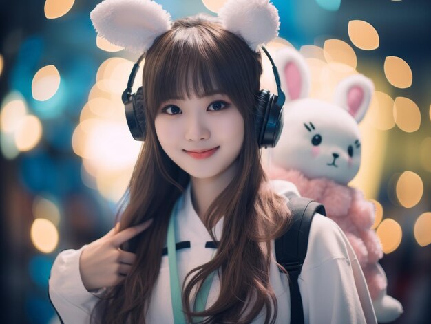 Photo asian girl wearing bunny ears and headphones holding a stuffed animal