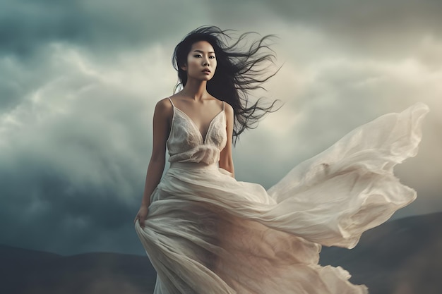 Asian girl in a white dress among the clouds neural network ai generated