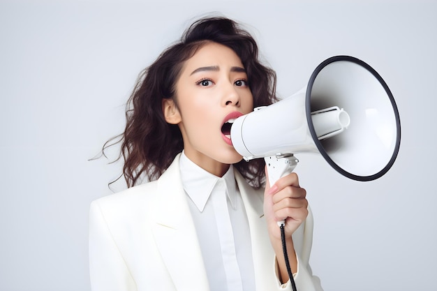 Asian girl in white shirt and white blazer presenting something with megaphone on a white background