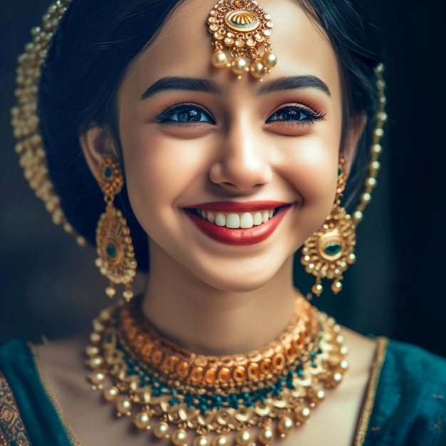 Asian girl with a beautiful face dressed in an Indian saree and jewelry