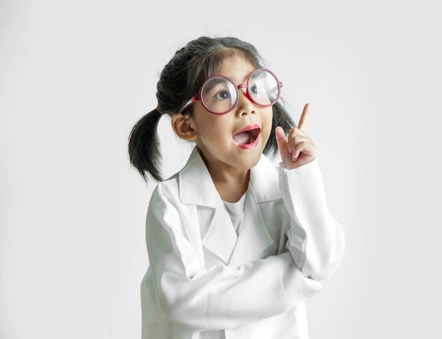 asian girl with big glasses and science suite action on white screen