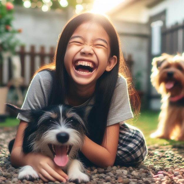 口を開けて笑うアジアの女の子と裏庭の犬