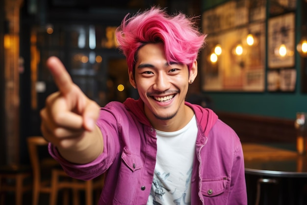 Asian Girl With Pink Hair And Piercing Pointing Finger ai generated