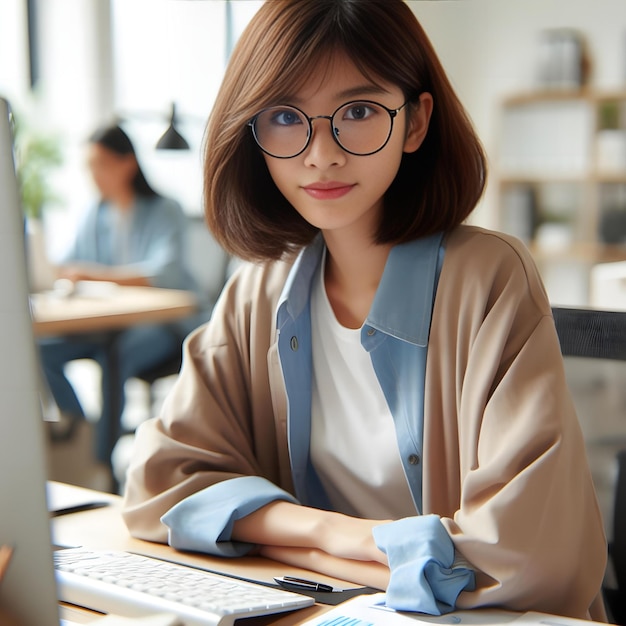 사무실에서 일하는 아시아 소녀