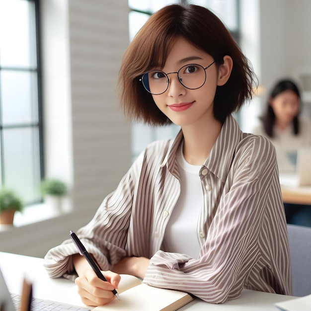 사무실에서 일하는 아시아 소녀