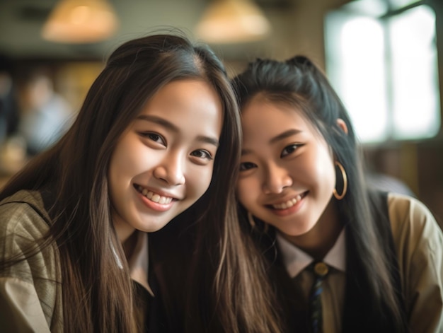 아시아 소녀 교육 행복하고 아름다운 아시아 소녀가 웃고 있습니다.