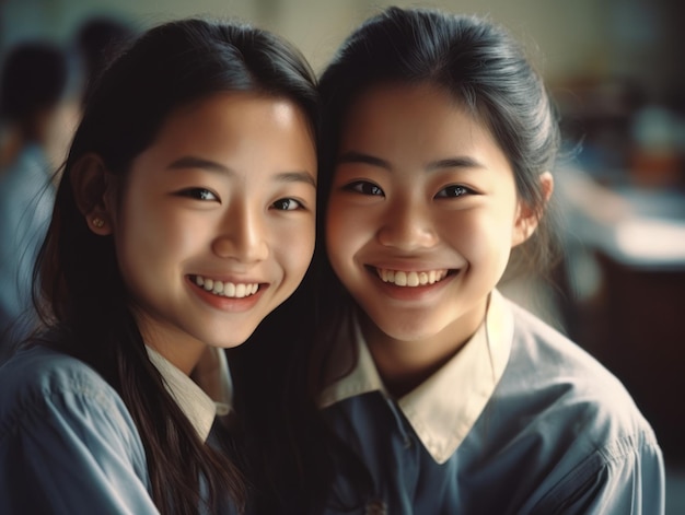 사진 아시아 소녀 교육 행복하고 아름다운 아시아 소녀가 웃고 있습니다.