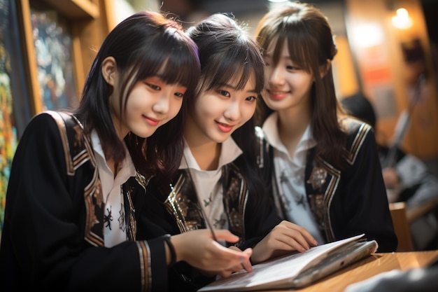 Asian Girls Education Studying students children at school and university classroom auditorium applicants school uniforms fun at recess happy little girls studying science Student diversity