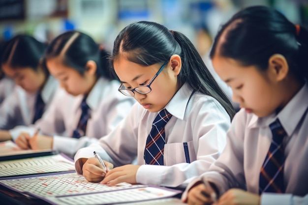 Asian girls engaged in a mathematics competition applying their problemsolving