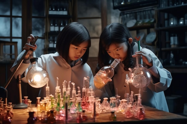 Азиатские девушки увлечены научным экспериментом, образование для девочек Asian Generative AI