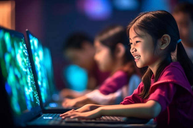 インタラクティブにコンピューター サイエンスとプログラミングについて学ぶアジアの女の子