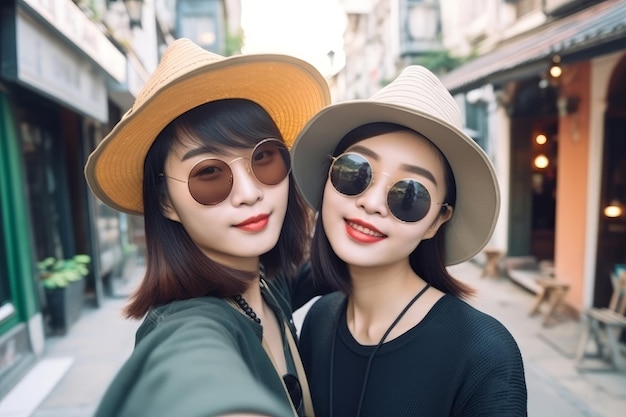 Asian girls with hats selfie Generate Ai