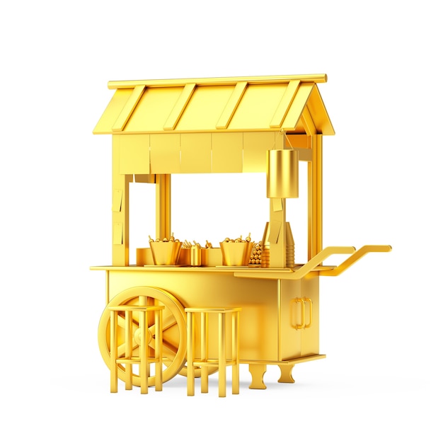 Asian Golden Street Food Meatball Noodle Cart with Chairs on a white background. 3d Rendering