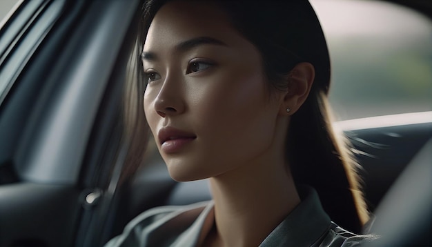 An Asian gorgeous woman driver fastens her seatbelt in her car Generative AI