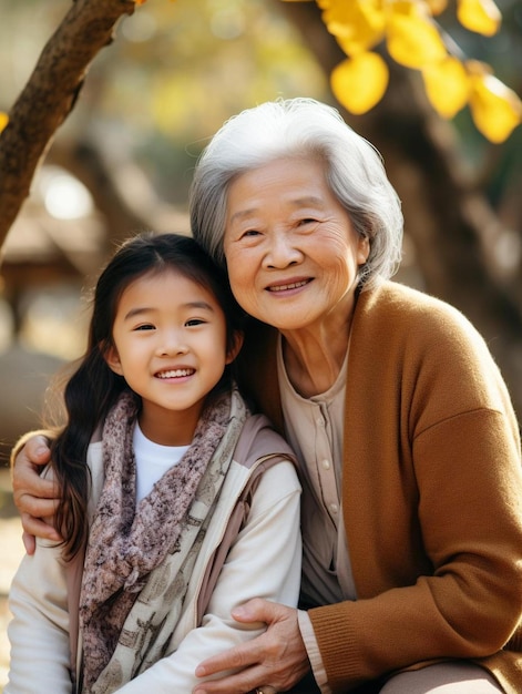アジア人のおばあちゃんと孫娘はアウトドアパークで抱きしめ合っています