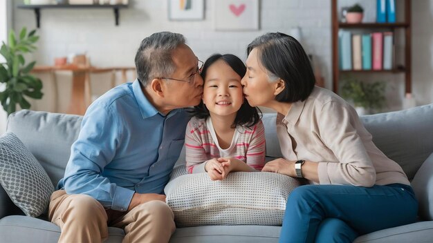 아시아 할아버지와 할머니가 집에서 손녀의 <unk>을 키스합니다.
