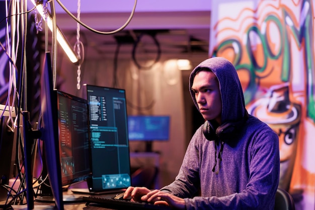 アジアのハッカーがパスワードをクラッキングしてデータベースの機密情報に不正にアクセスします。フードをかぶった若者が放棄された倉庫で被害者のコンピュータにインターネット ウイルスを感染させる