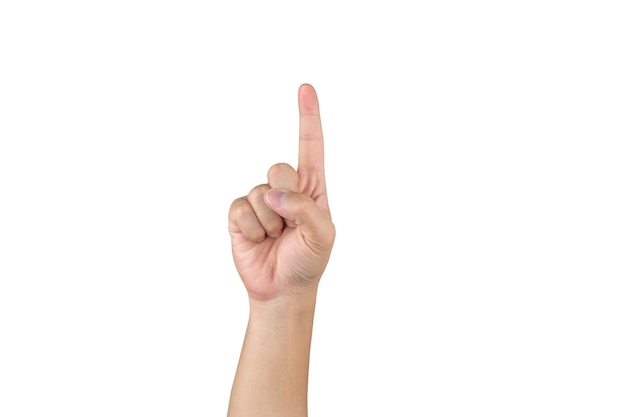 Азиатская рука показывает и считает 1 палец на изолированном белом фоне с обтравочным контуром