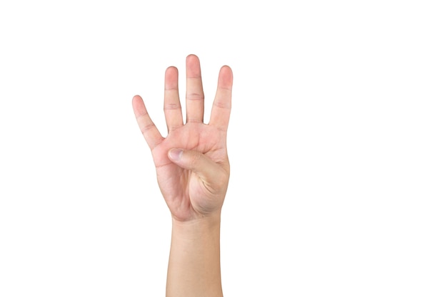 Asian hand shows and counts 4 finger on isolated white background with clipping path