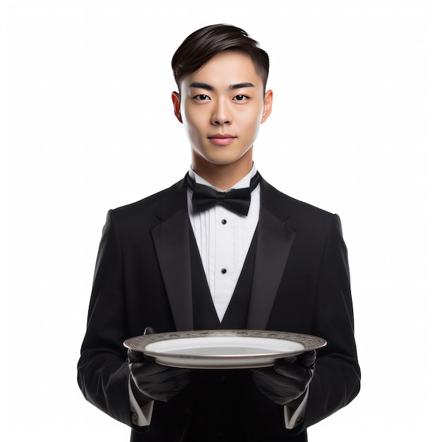 Photo asian handsome young waiter in tuxedo and gloves holding empty tray on white background