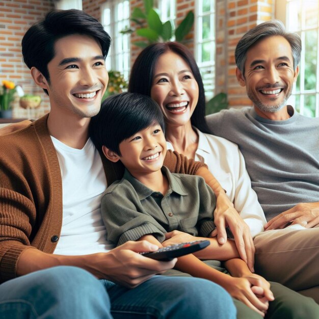 Photo asian happiness family talking and relaxing on sofa watch tv together