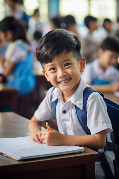 学校にいるアジア人の幸せな子供