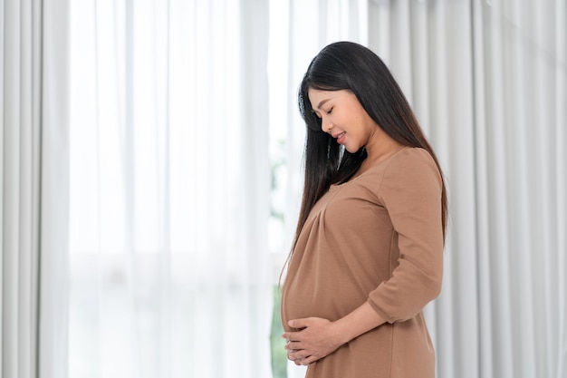 사진 아시아의 행복한 임산부는 창문 옆에 서서 배를 만지고 임신한 어머니와 기대 개념을 만지고 있습니다.