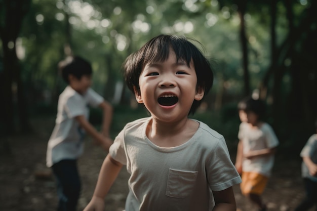 사진 지역 공원 에서 친구 들 과 함께 놀고 있는 아시아 의 행복 한 미소 짓는 유치원 소년