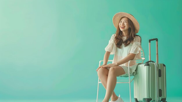 Photo asian happy woman sitting on chair with suitcase isolated on green background touris generative ai