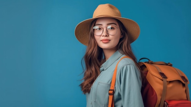 Asian happy young tourist woman wearing beach hat sunglasses and backpacks going to travel on holidays on blue background