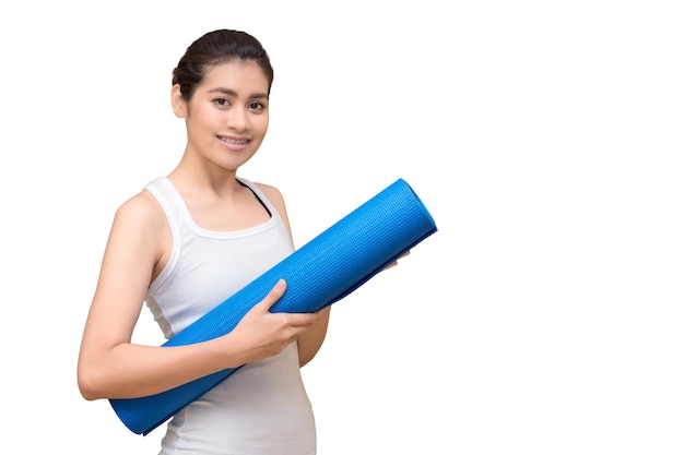 Asian healthy woman with yoga mat isolated with clipping path on white background