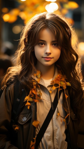 asian hight school girl in hight shcool uniform walking in the street in The city