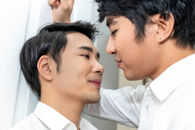 Asian homosexual couple in love looking into each others eyes