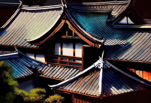 Asian house rooftop illustration AI generative