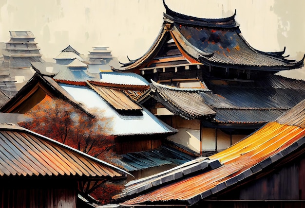 Asian house rooftop illustration AI generative