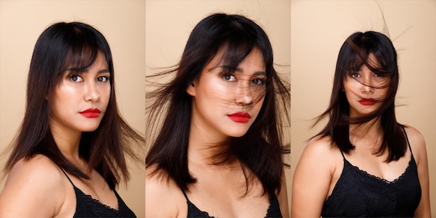 Asian Indian Arab mix race 20s Woman express feeling smile happy as fashion poses with high make up black short hair Collage three image of Female face shot close up over yellow beige background