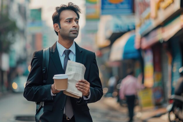 Photo asian indian professionals reading newspaper and drinking coffee on commute